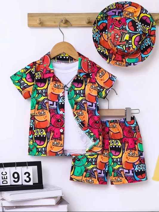 2PCS BABY BOYS CARTOON PRINT SHIRT & ELASTIC WAIST SHORTS SET