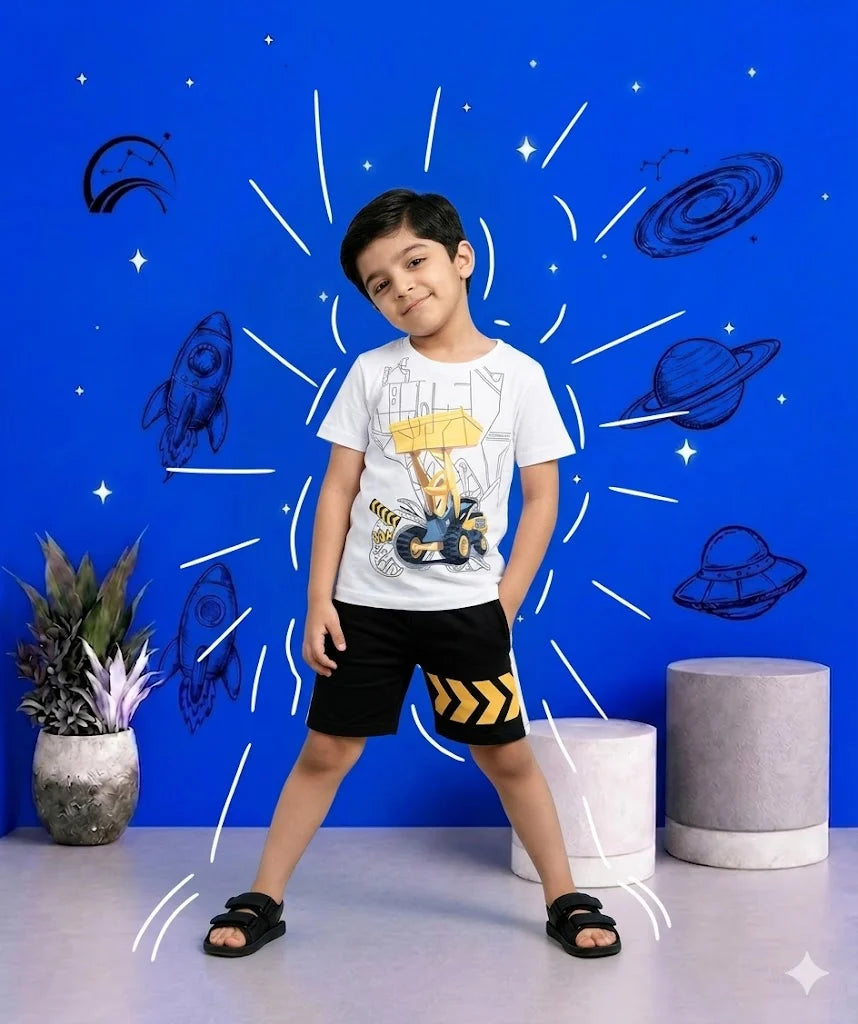 Excavator print Short-sleeve Tee and Black Shorts Set