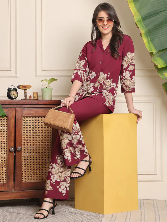 B#255 WINE FLORAL CO-ORD SET