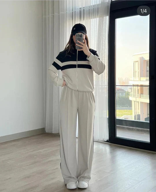 RETRO STYLE ZIP-UP TRACK JACKET & WIDE LEG PANTS SET