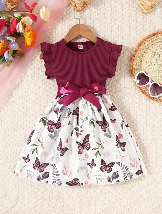 2pcs Baby Girls Sleeveless Flying Sleeve Butterfly Print Dress With Belt