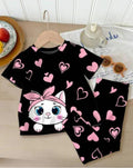Black Kitty With Pink Hearts Printed Kids Wear