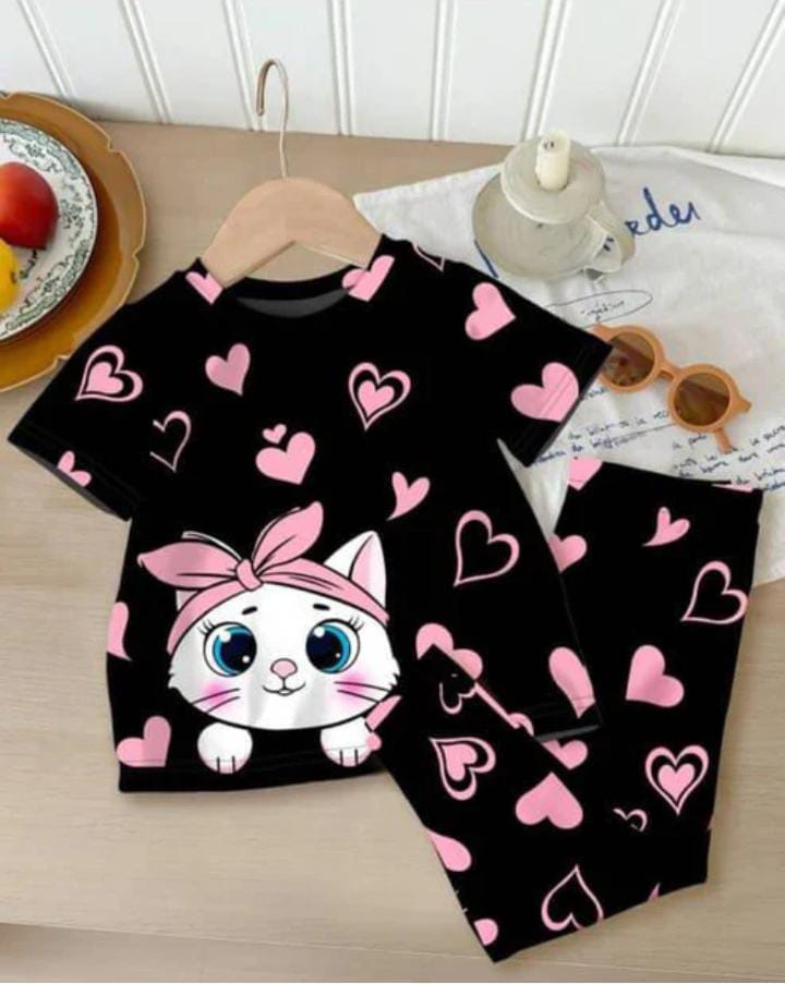 Black Kitty With Pink Hearts Printed Kids Wear