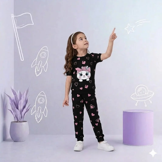 Black Kitty with Pink Hearts printed kids night suits