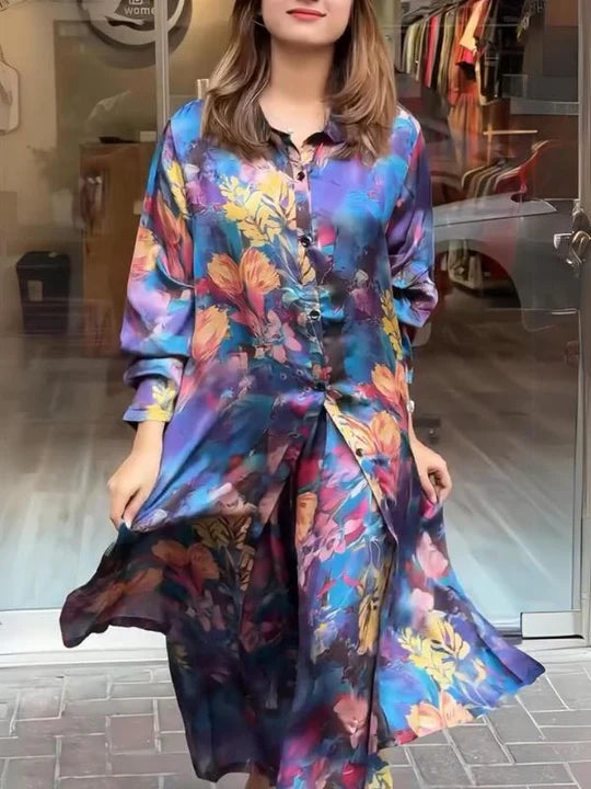 WOMEN'S FASHION CASUAL LAPEL BUTTON SHIRT AND PANTS TWO-PIECE SET