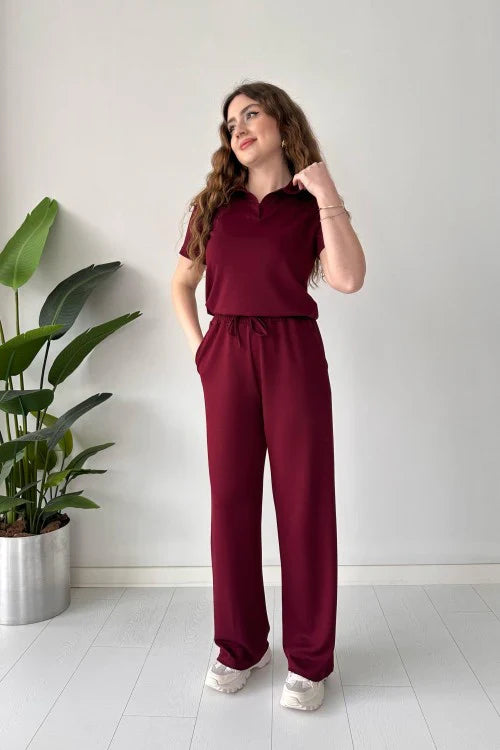 SUMMER CASUAL WOMEN'S POLO COLLAR TOP & TROUSER SET