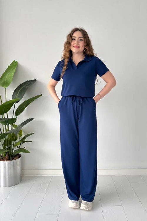 SUMMER CASUAL WOMEN'S POLO COLLAR TOP & TROUSER SET